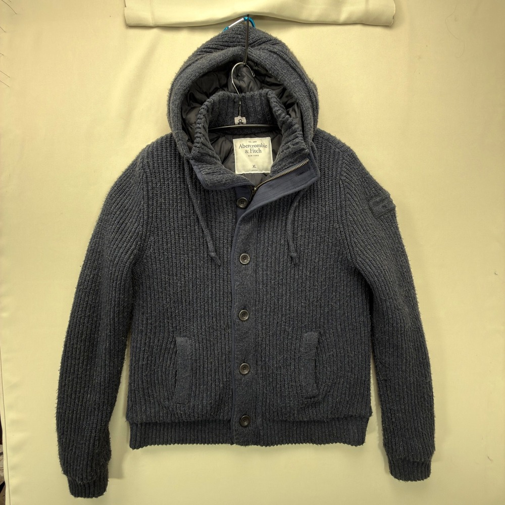 Abercrombie & Fitch Hooded Cardigan Men XL Ribbed Knit Charcoal Gray Regular Y2K - Picture 7 of 7